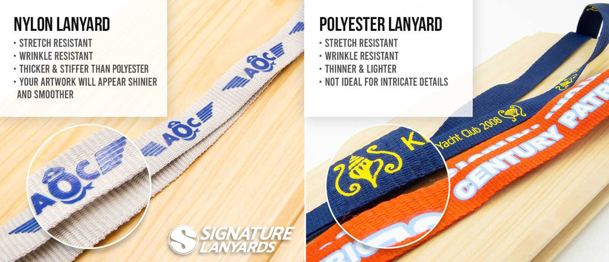 Side-by-side comparison of nylon vs polyester lanyards showing nylon is thicker, stiffer, and shinier while polyester is thinner and lighter