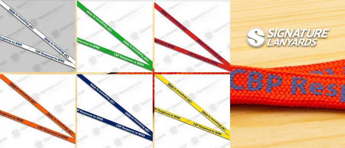 Blue tube lanyard with white imprinted text