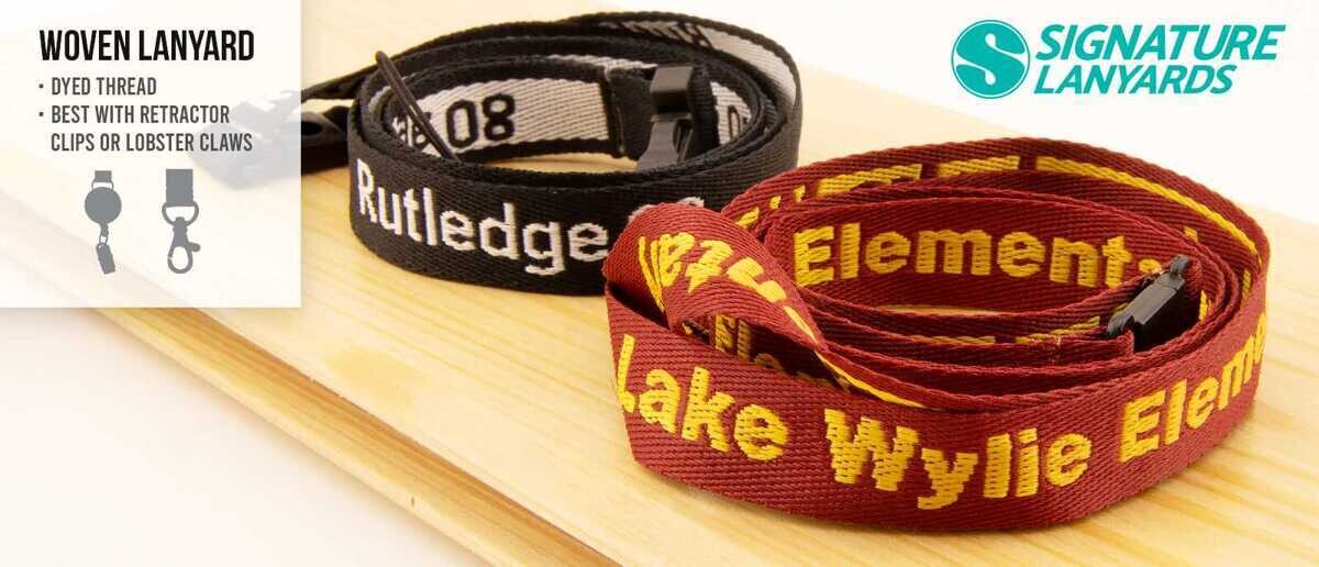 Custom woven lanyard showing threaded design texture